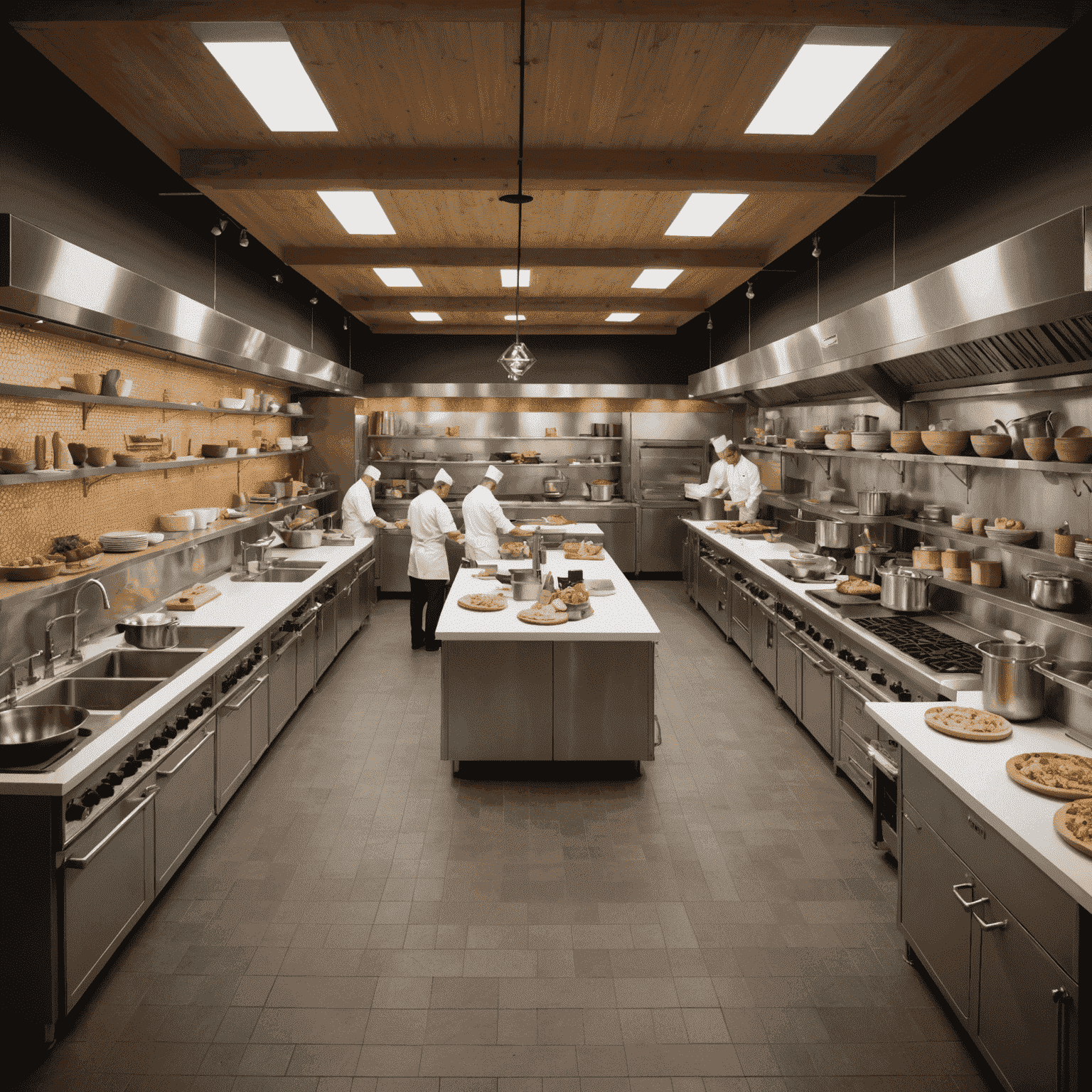 Wide-angle view of Plinko Delicacy's bustling kitchen with chefs at work stations