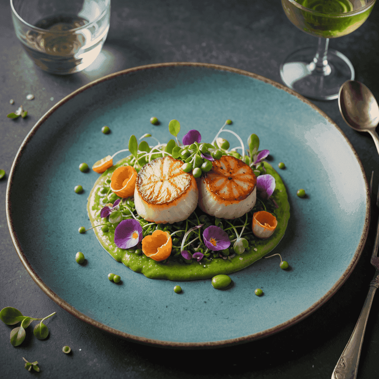A beautifully plated dish featuring a small portion of seared scallops with a vibrant pea puree, garnished with microgreens and edible flowers
