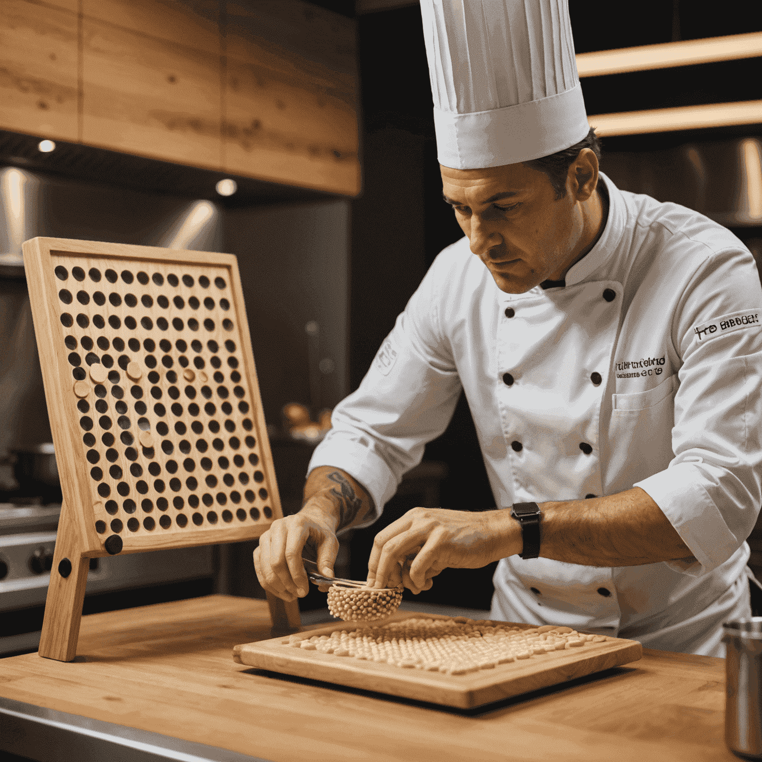 Close-up of a chef preparing a unique Plinko dish at a modern cooking station