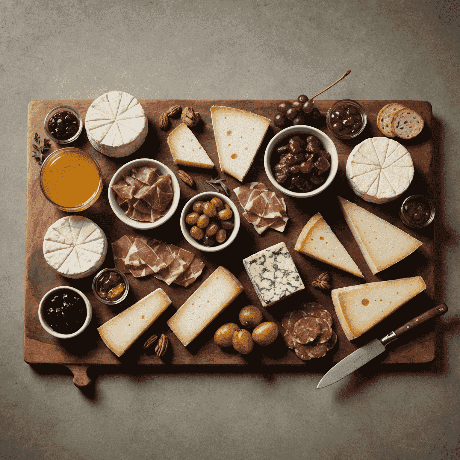 A rustic wooden board presenting an array of artisanal cheeses, cured meats, and house-made preserves