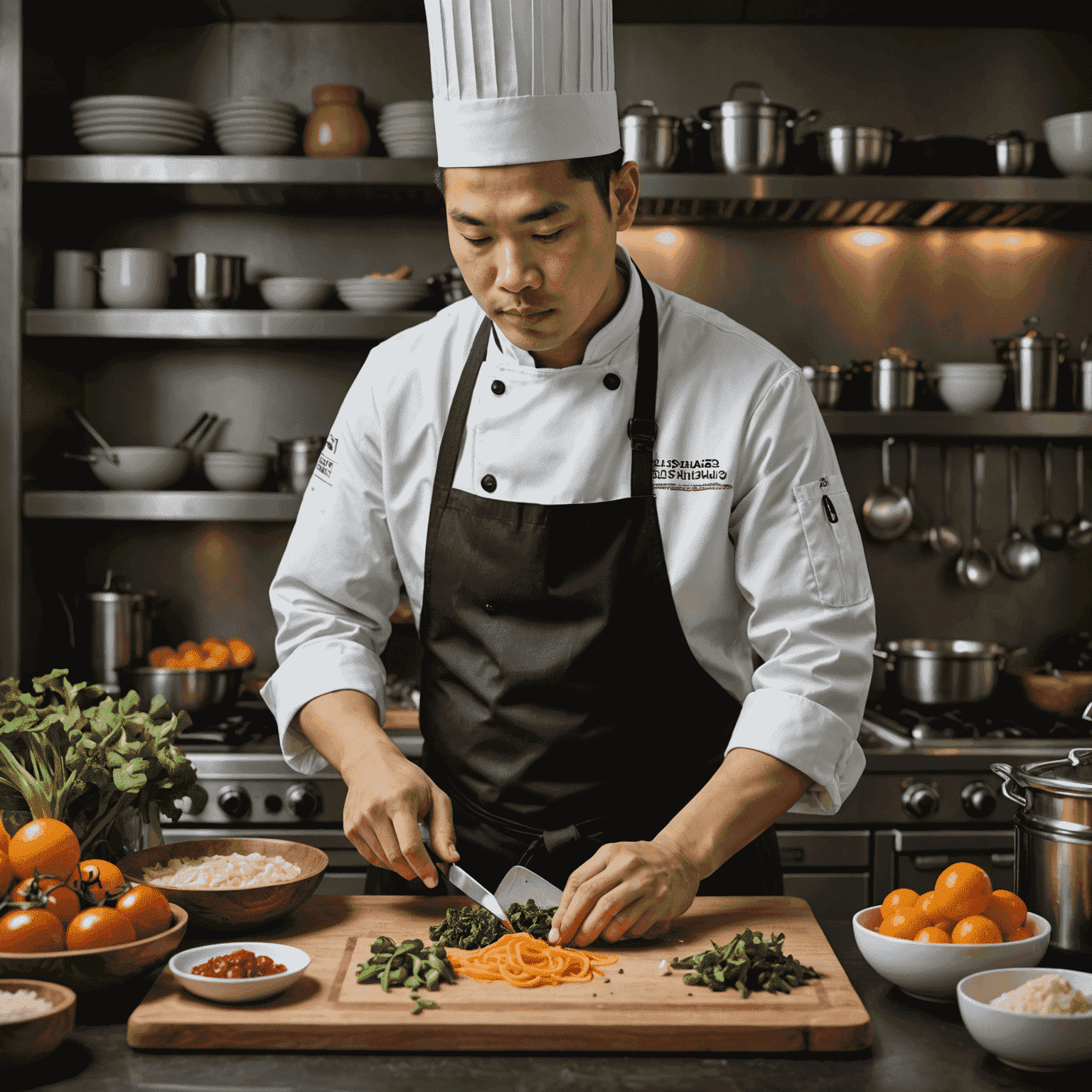 Portrait of Sous Chef Michael Lee preparing ingredients