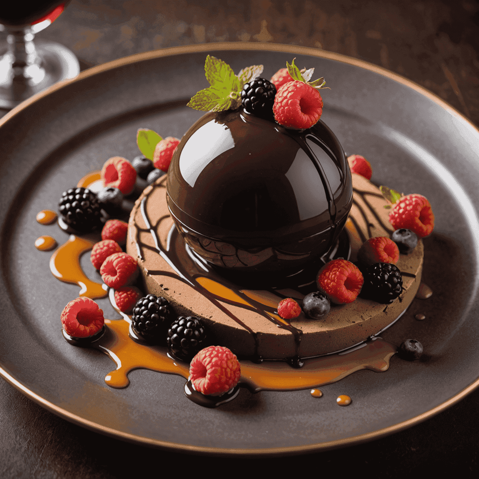 An elegantly plated dessert featuring a chocolate sphere filled with mousse, surrounded by fresh berries and a delicate caramel drizzle