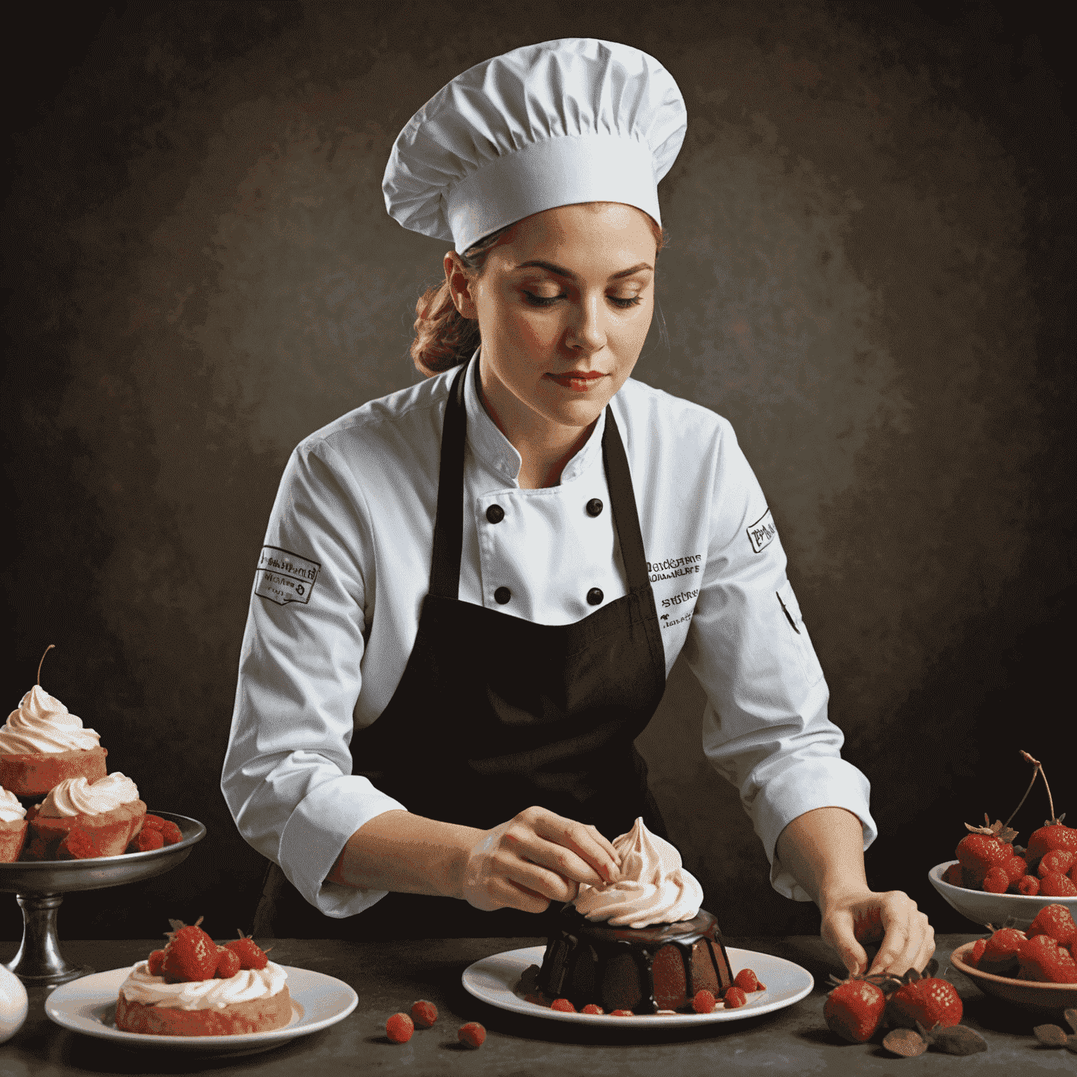 Portrait of Pastry Chef Sophie Dubois creating a dessert
